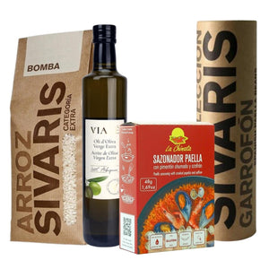 Pack Paella con Arroz Bomba, Garrofons, Aceite de Oliva y Sazonador